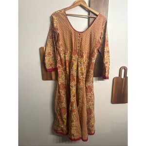 Dori Multicolor Floral Scoop Neck 3/4 Sleeve 100% Cotton Fit & Flare Dress Small